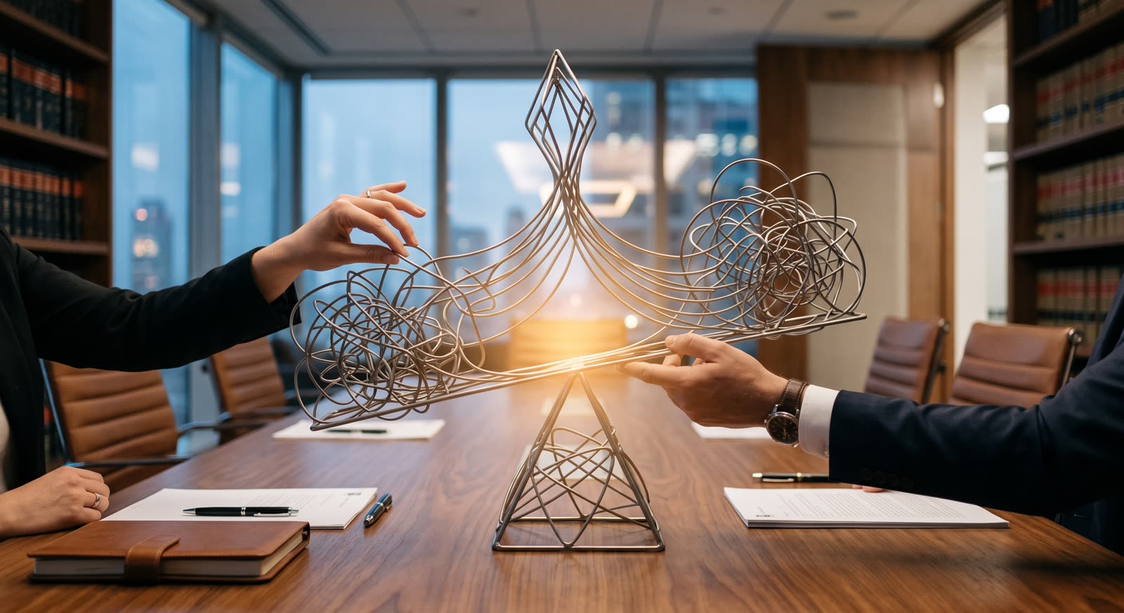 Ilustração conceitual: duas pessoas seguram, cada uma de um lado, uma escultura de fios emaranhados que converge para uma forma simétrica e equilibrada no centro.